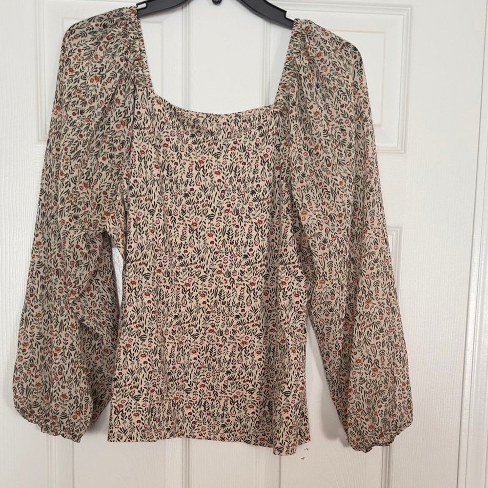 Floral Puff Sleeve Blouse Cream Cottagecore Square Neck Top Women’s Size M